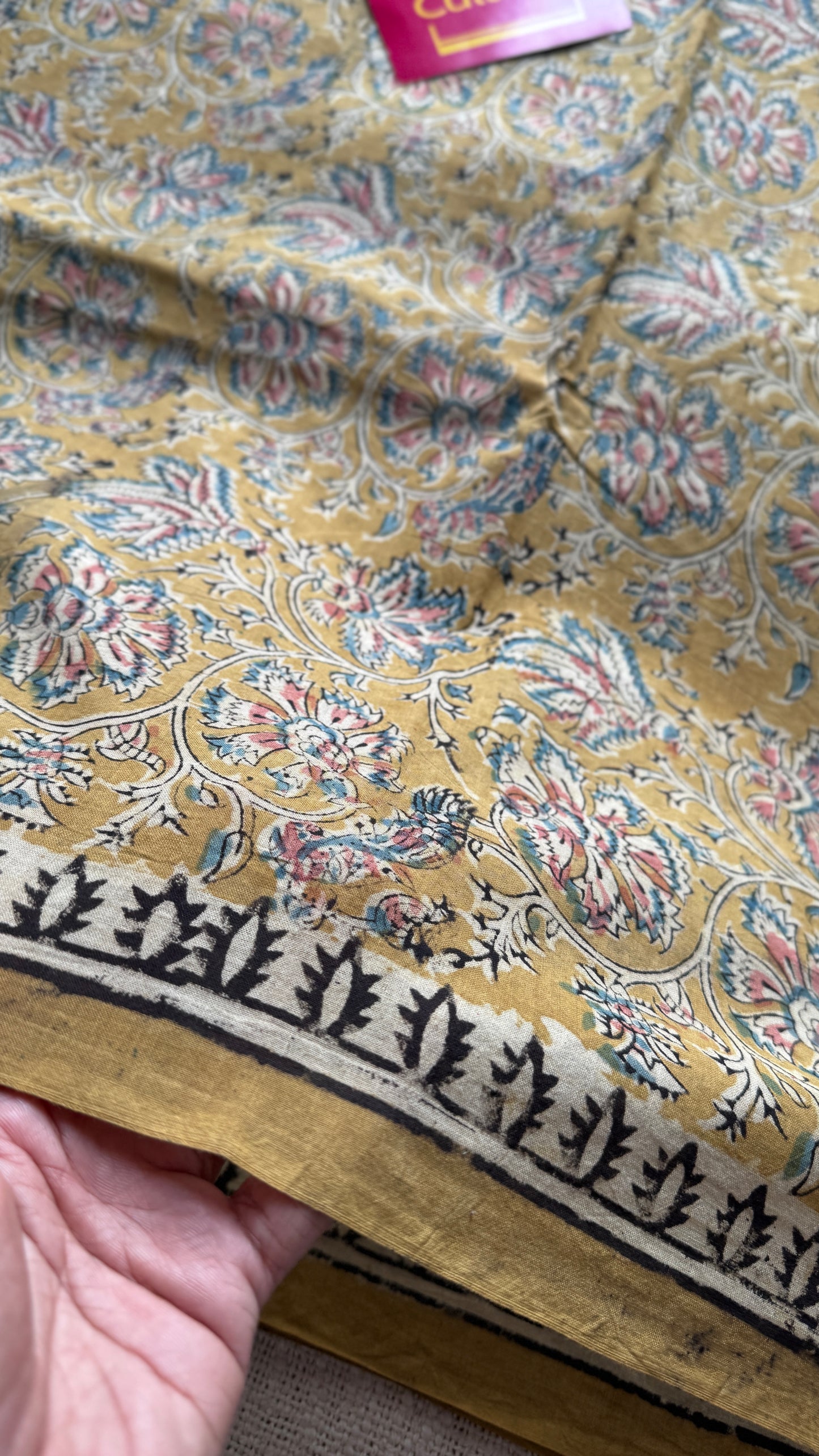 Ginger yellow kalamkari, floral vines, floral motif pallu