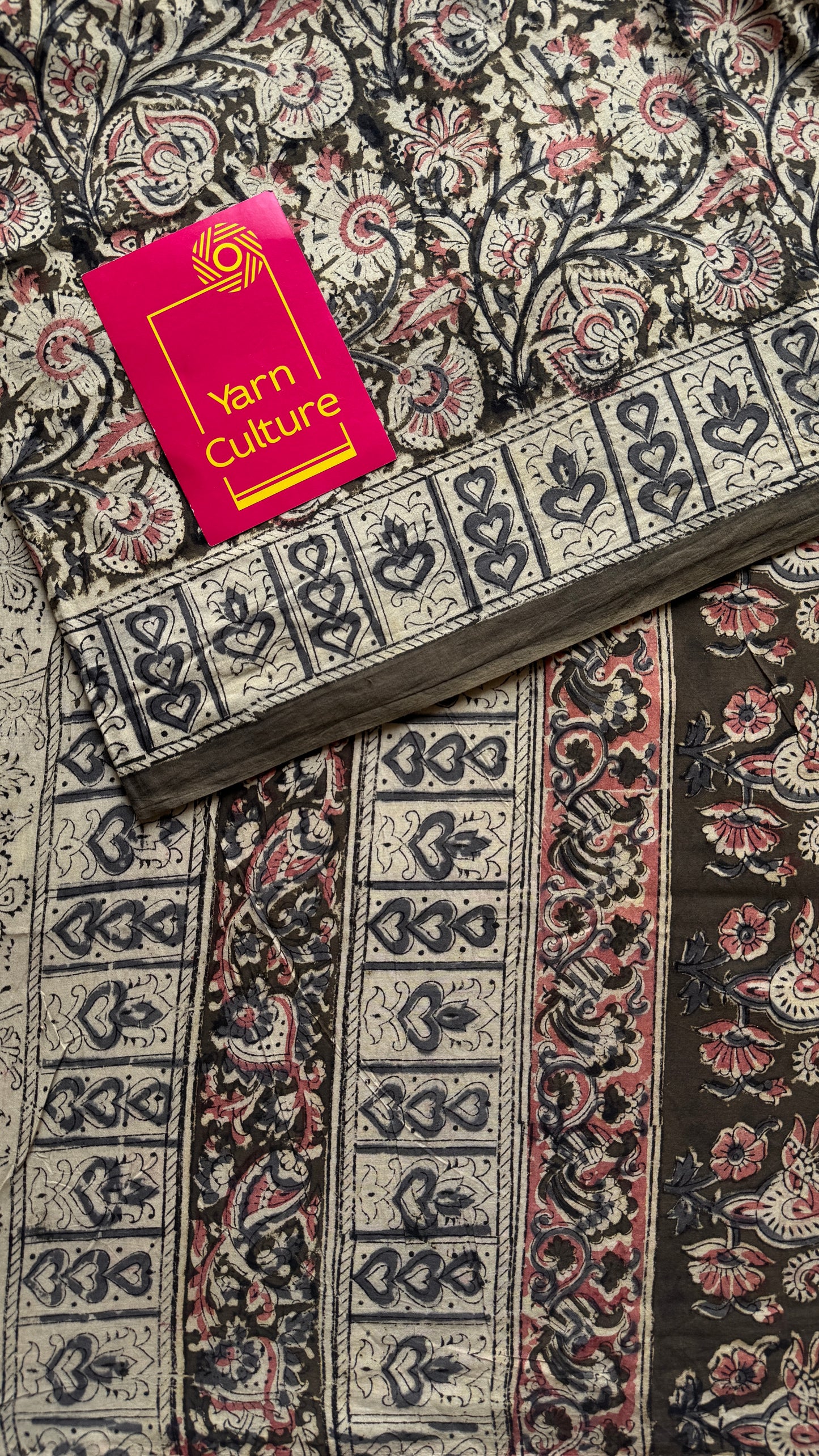 Olive green kalamkari, floral vines, floral motif pallu