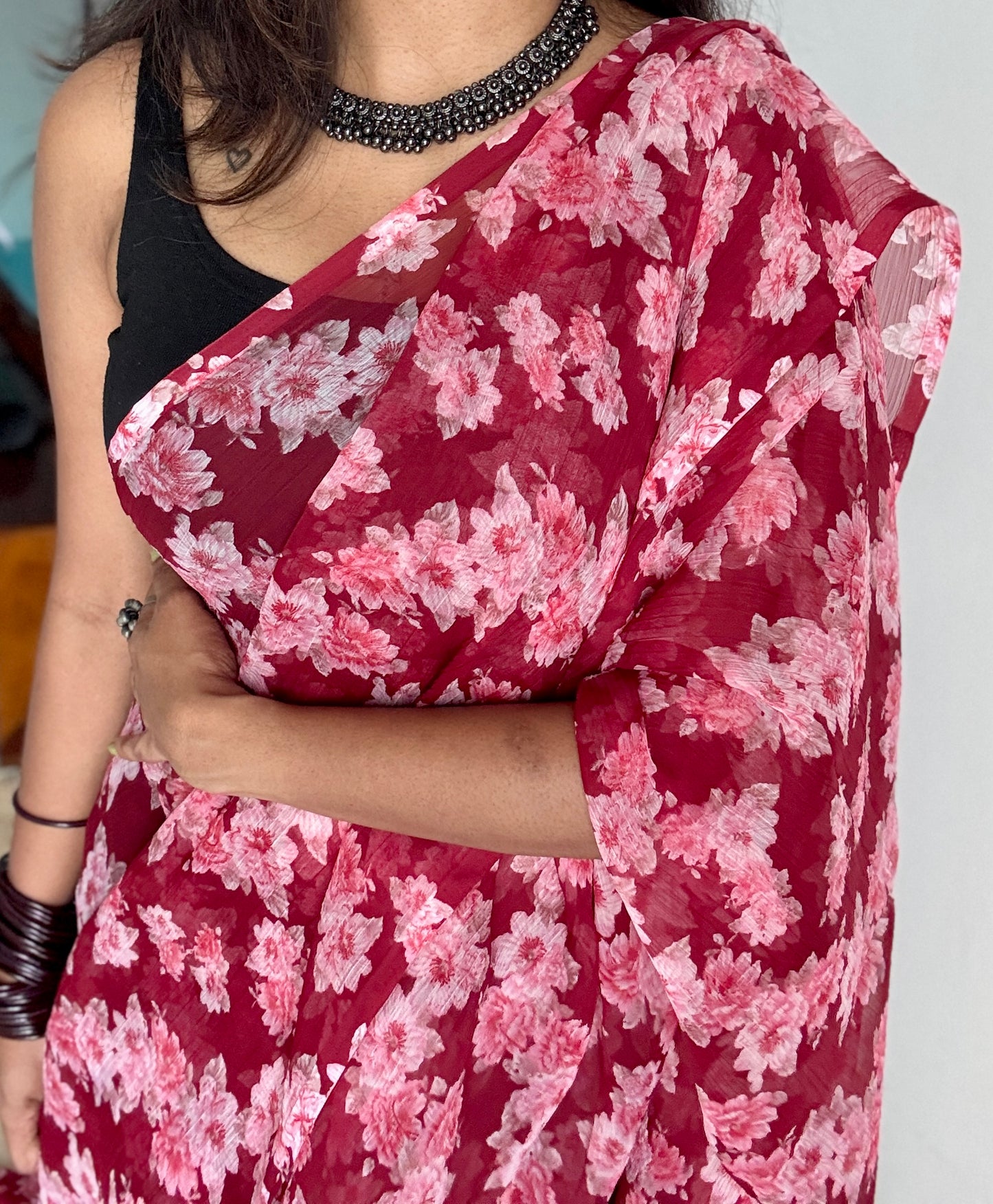 Maroon with flowers, chiffon ♥️