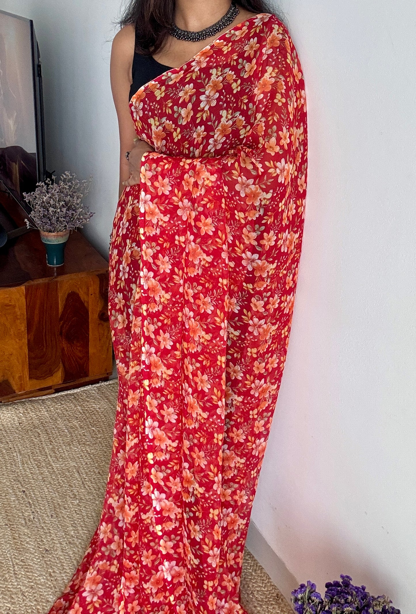 Red with light orange flowers, chiffon