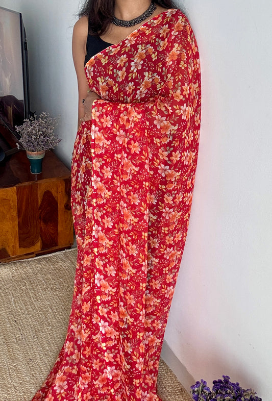 Red with light orange flowers, chiffon