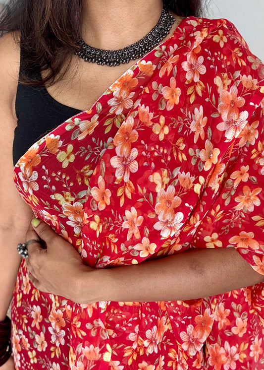 Red with light orange flowers, chiffon YCDOSFC02