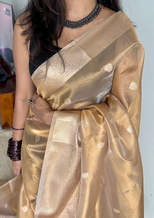 Brownish gold tissue Banarasi with gold butas