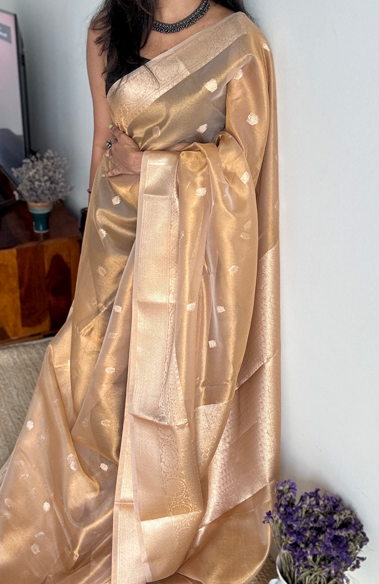 Brownish gold tissue Banarasi with gold butas