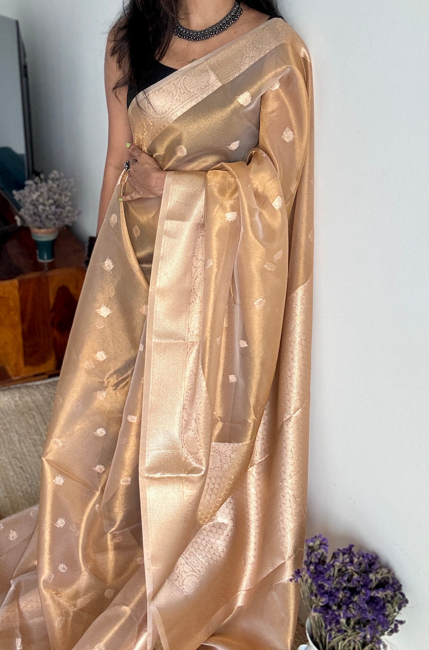 Brownish gold tissue Banarasi with gold butas