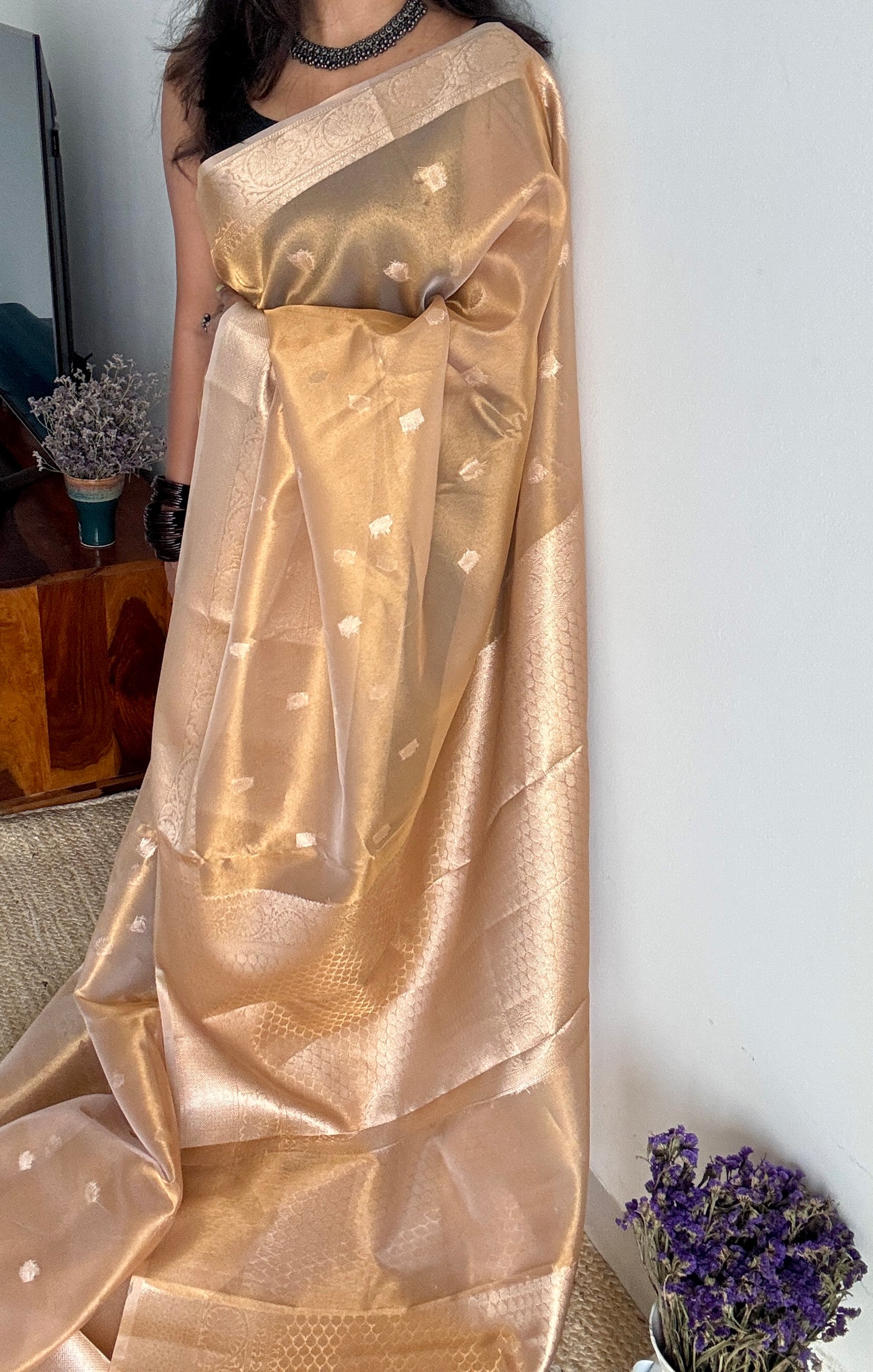 Brownish gold tissue Banarasi with gold butas