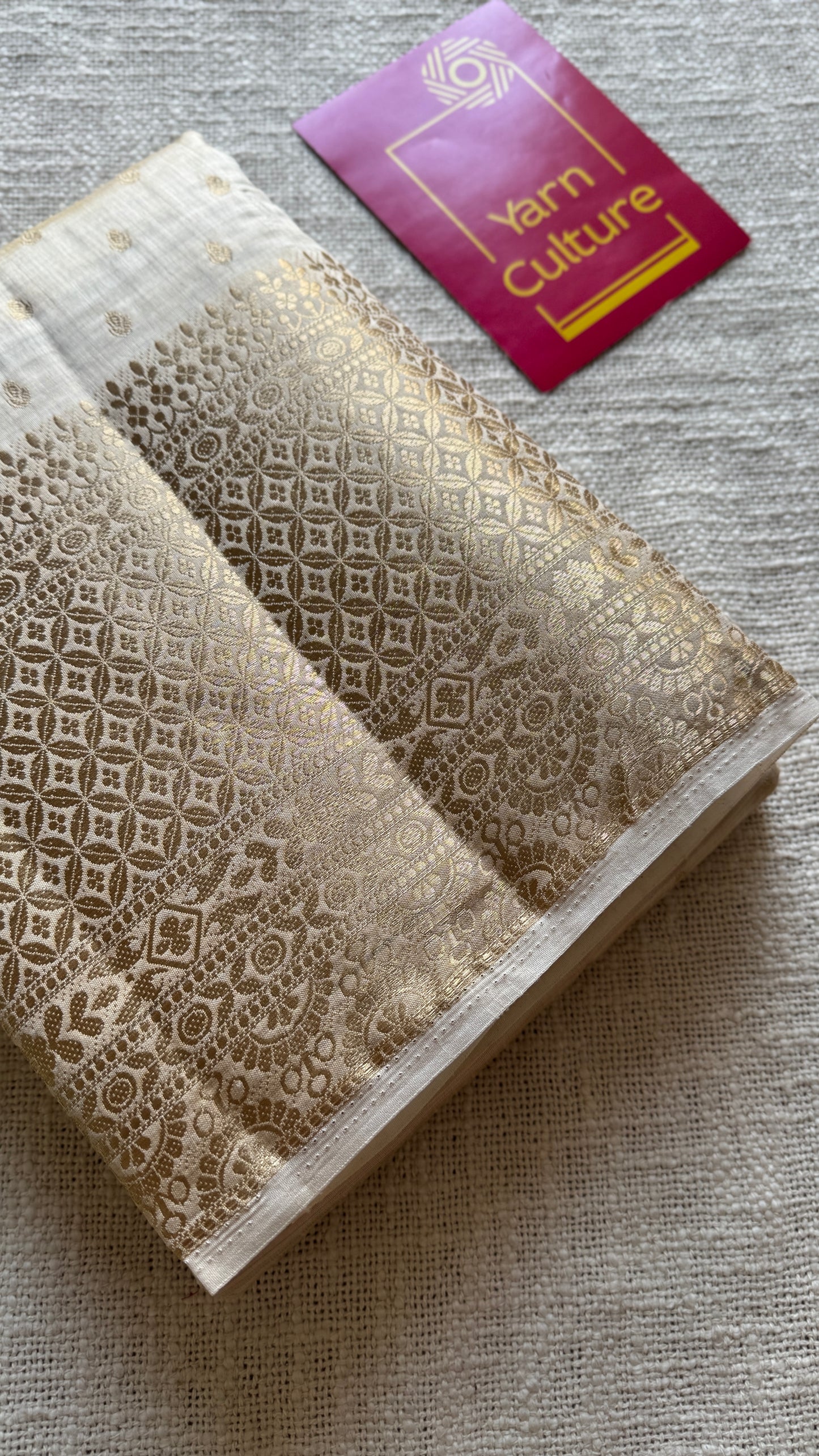 Ivory with antique gold zari - Semi Raw Silk