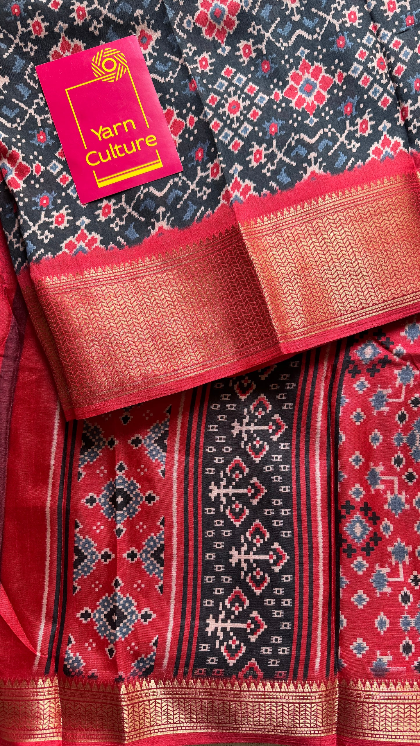 Black red dola semi silk with patola pattern