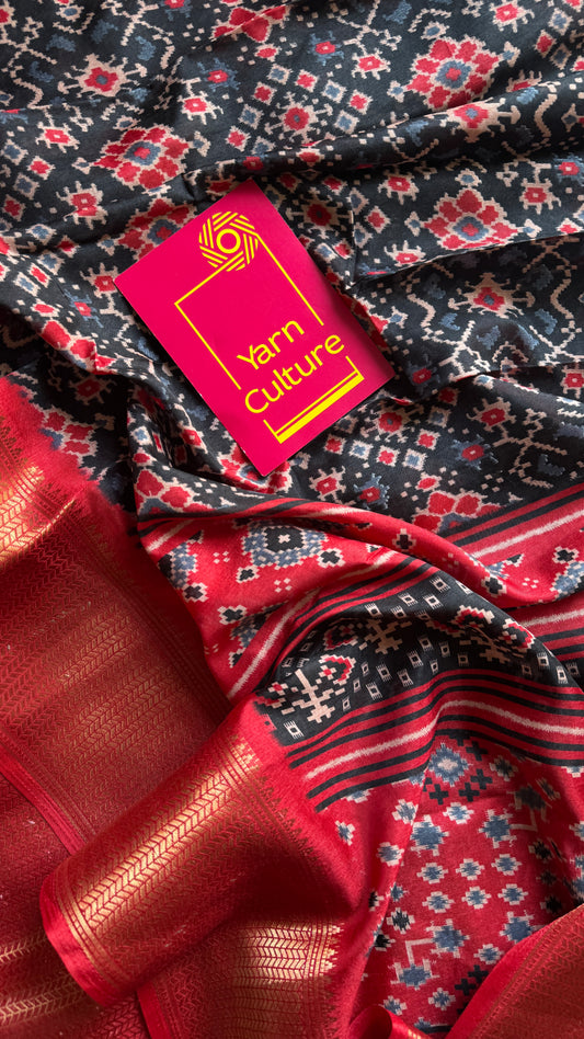 Black red dola semi silk with patola pattern