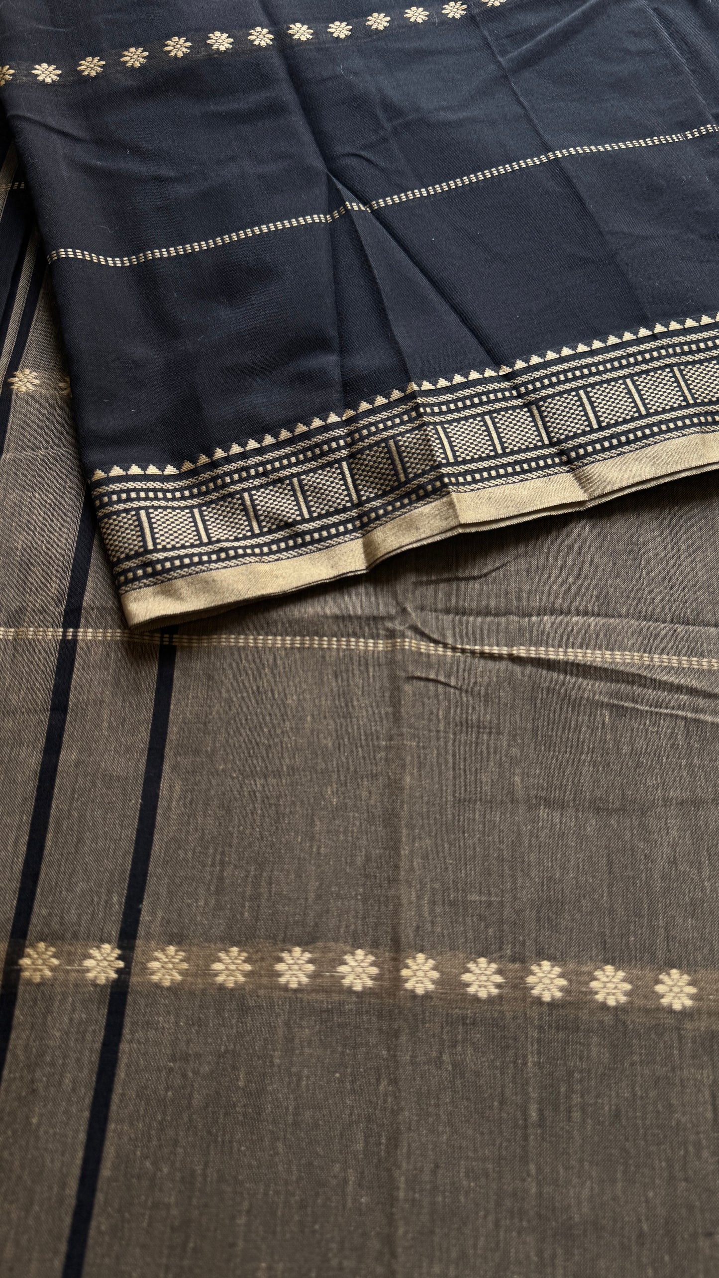 Black premium narayanpet with cream motif pattern