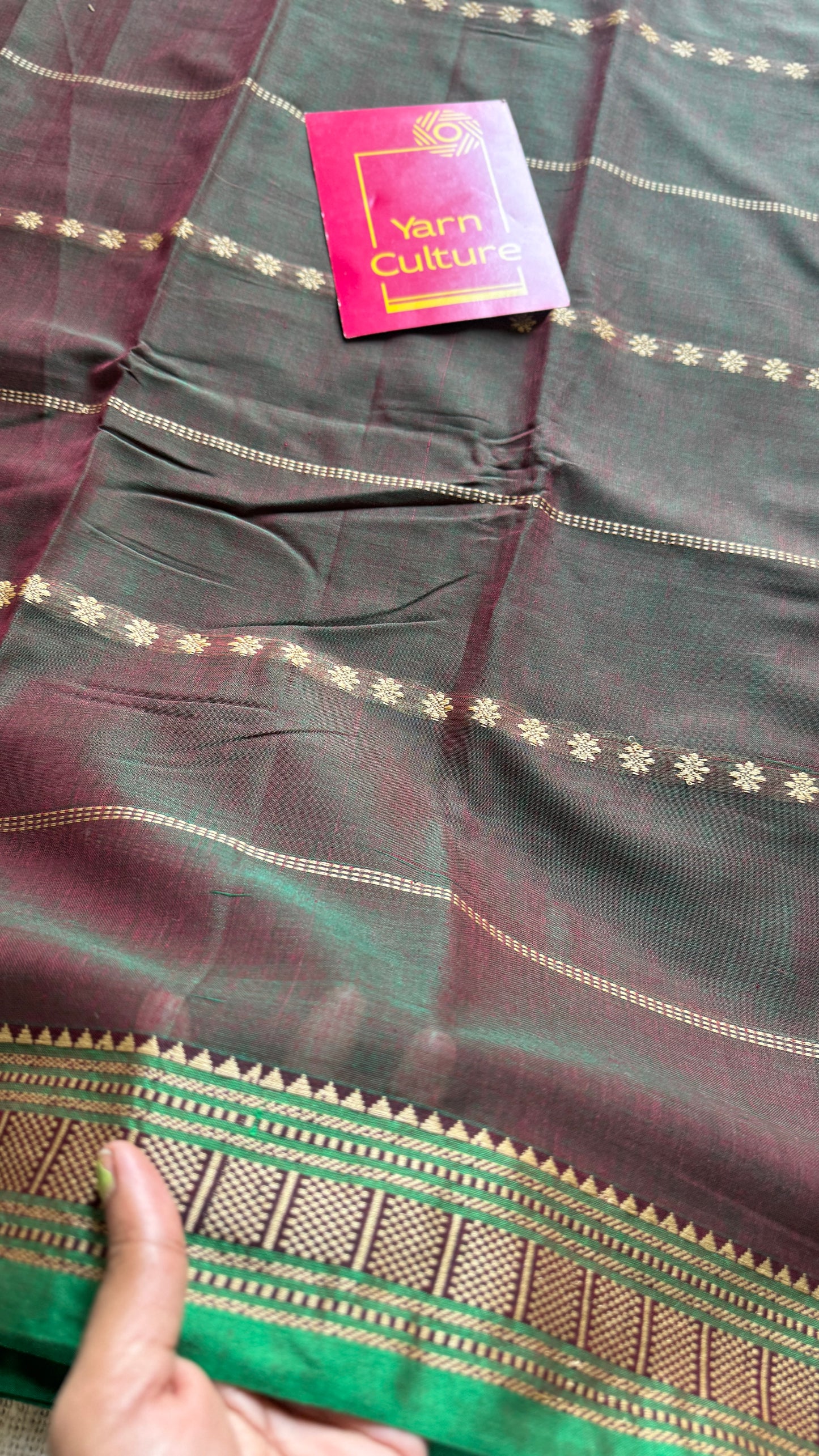 Coffee Brown with Green premium narayanpet with cream motif pattern YCWOTDNP04