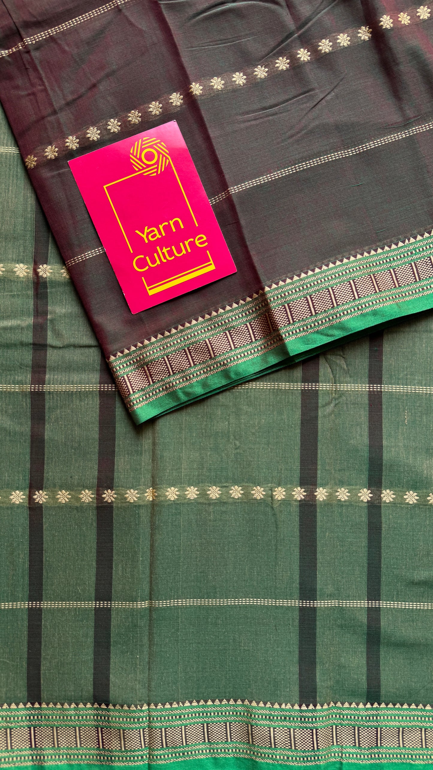 Coffee Brown with Green premium narayanpet with cream motif pattern YCWOTDNP04