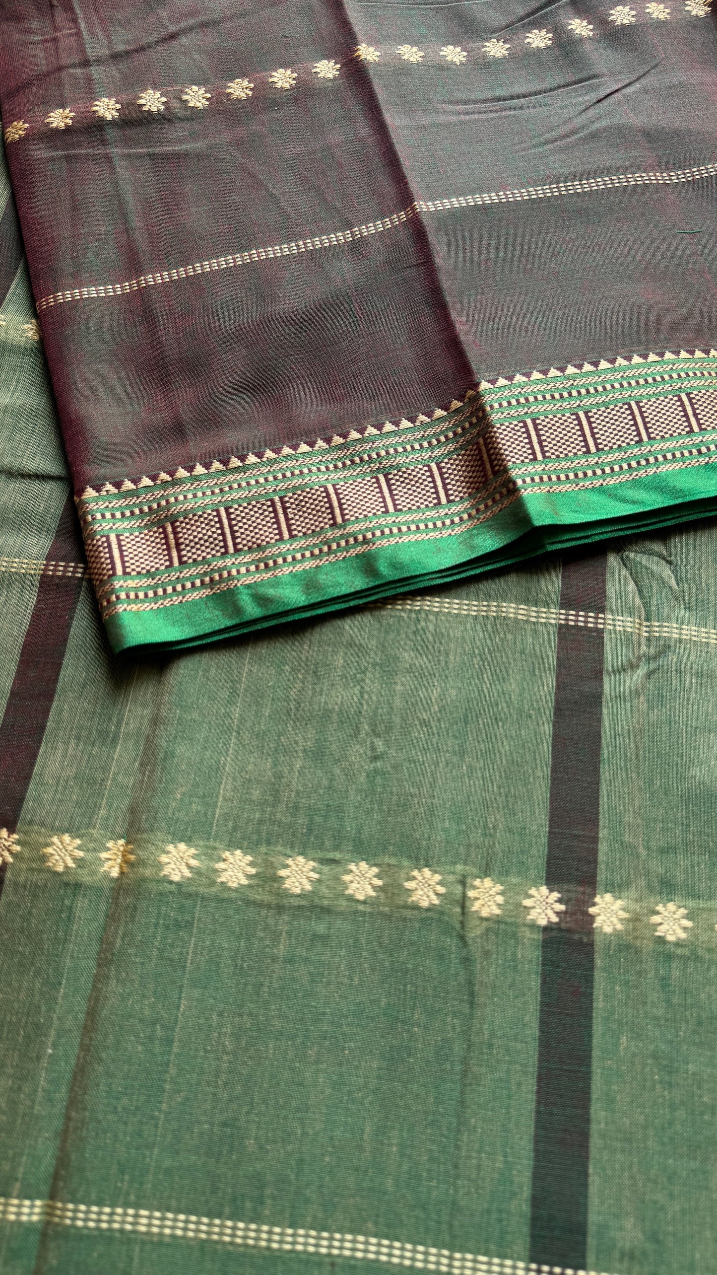 Coffee Brown with Green premium narayanpet with cream motif pattern YCWOTDNP04