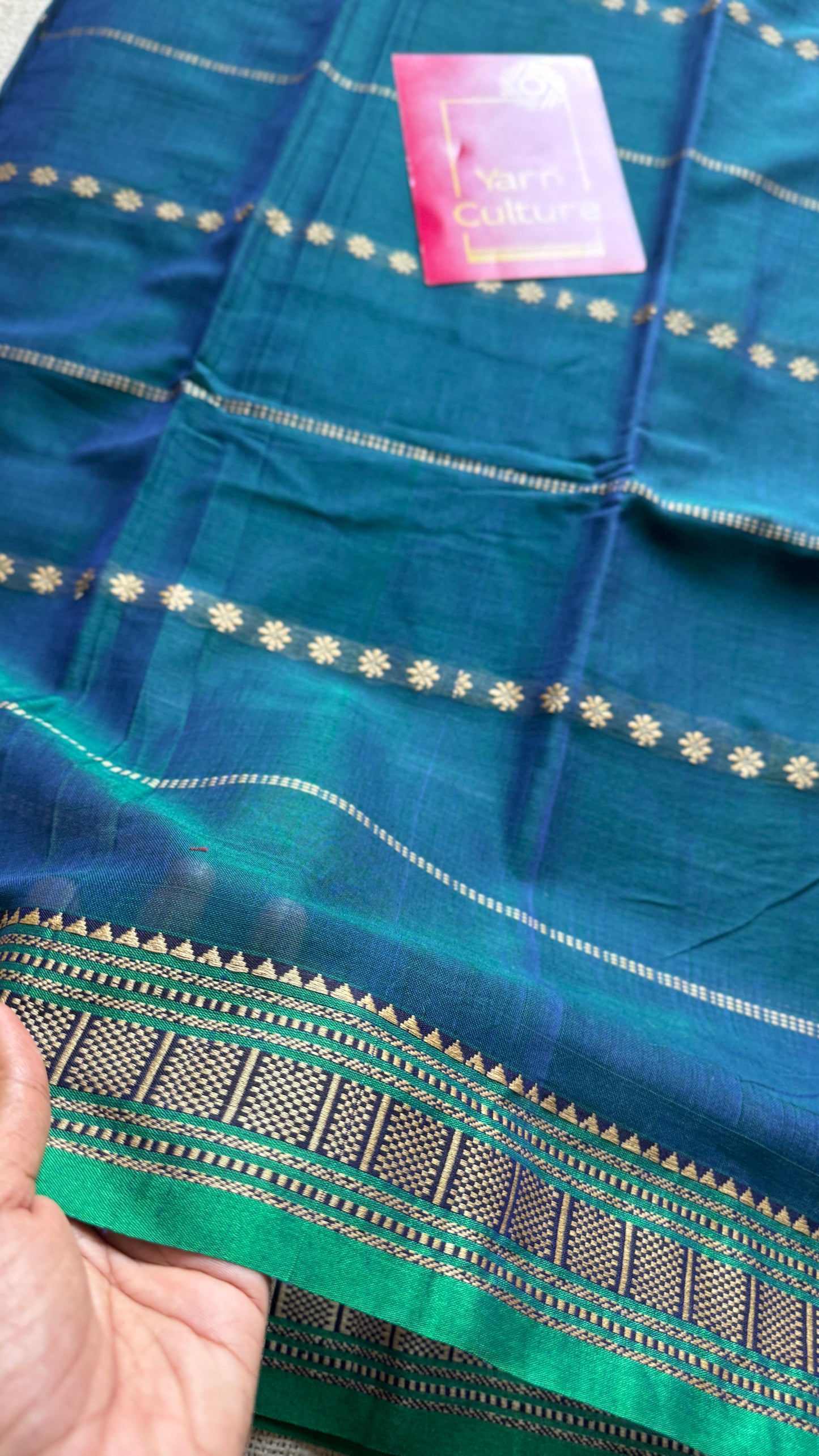 Peacock blue with Green premium narayanpet with cream motif pattern