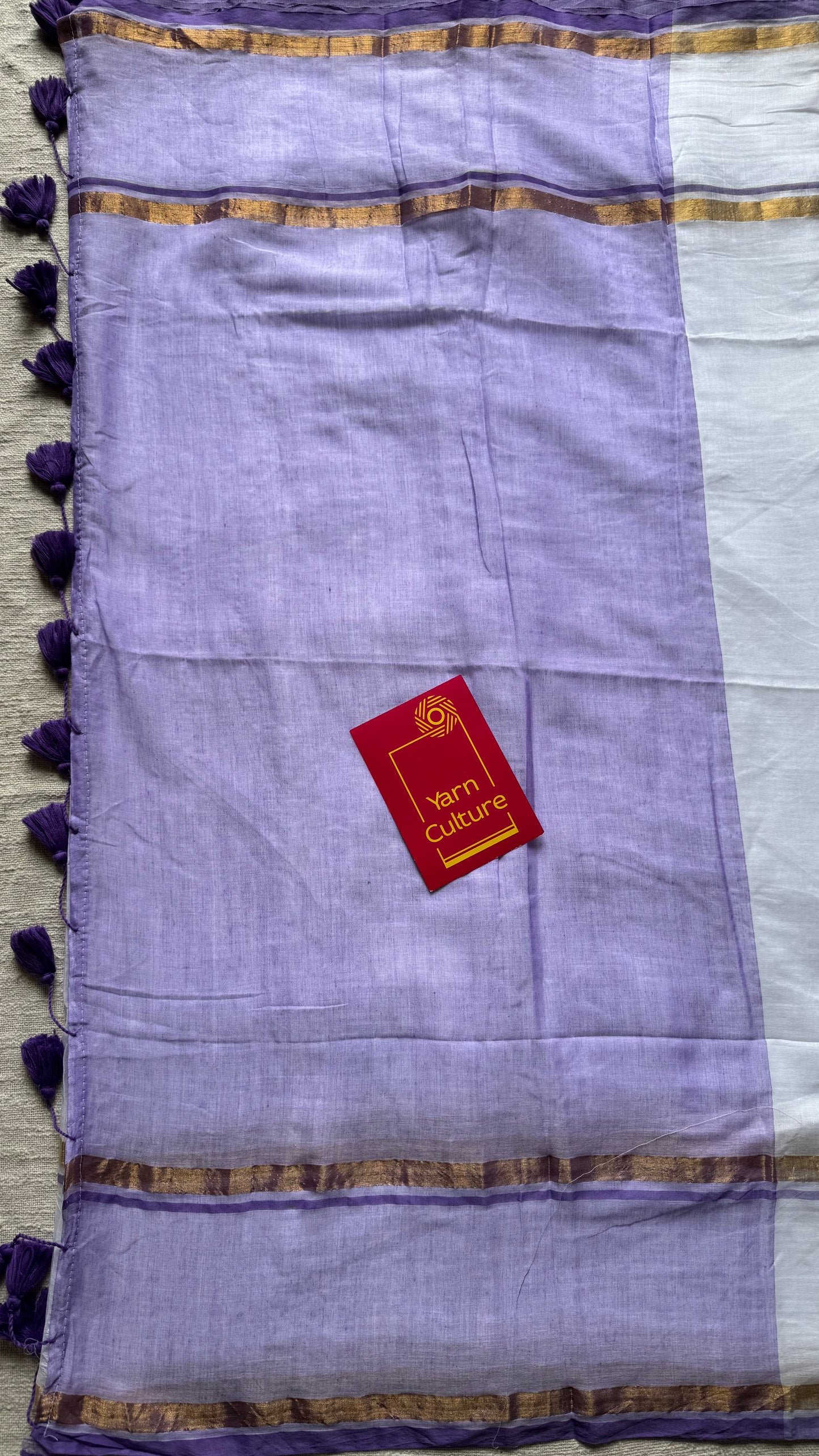 White with violet and gold stripe border, mul cotton - YCON25BCM17