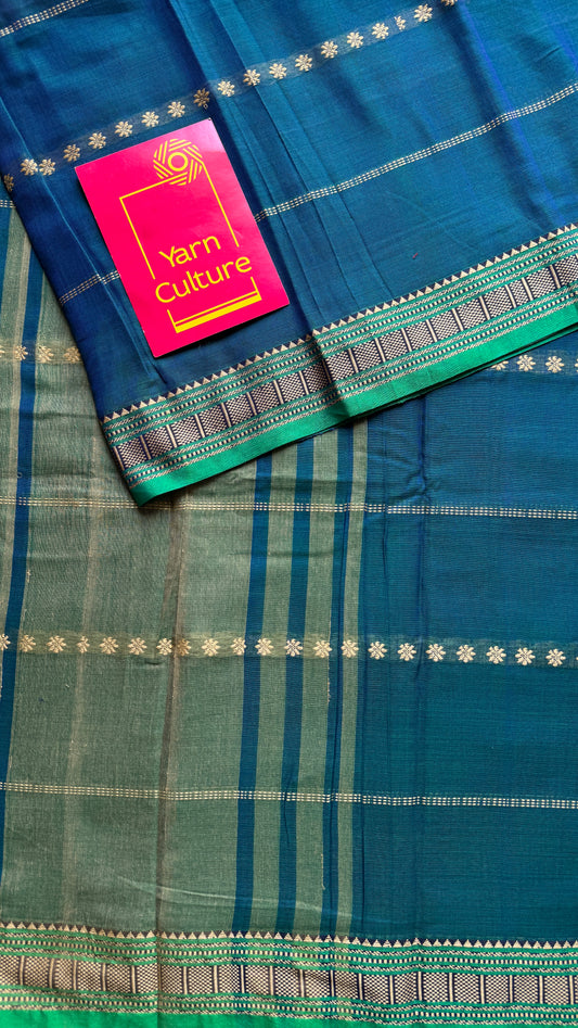 Peacock blue with Green premium narayanpet with cream motif pattern