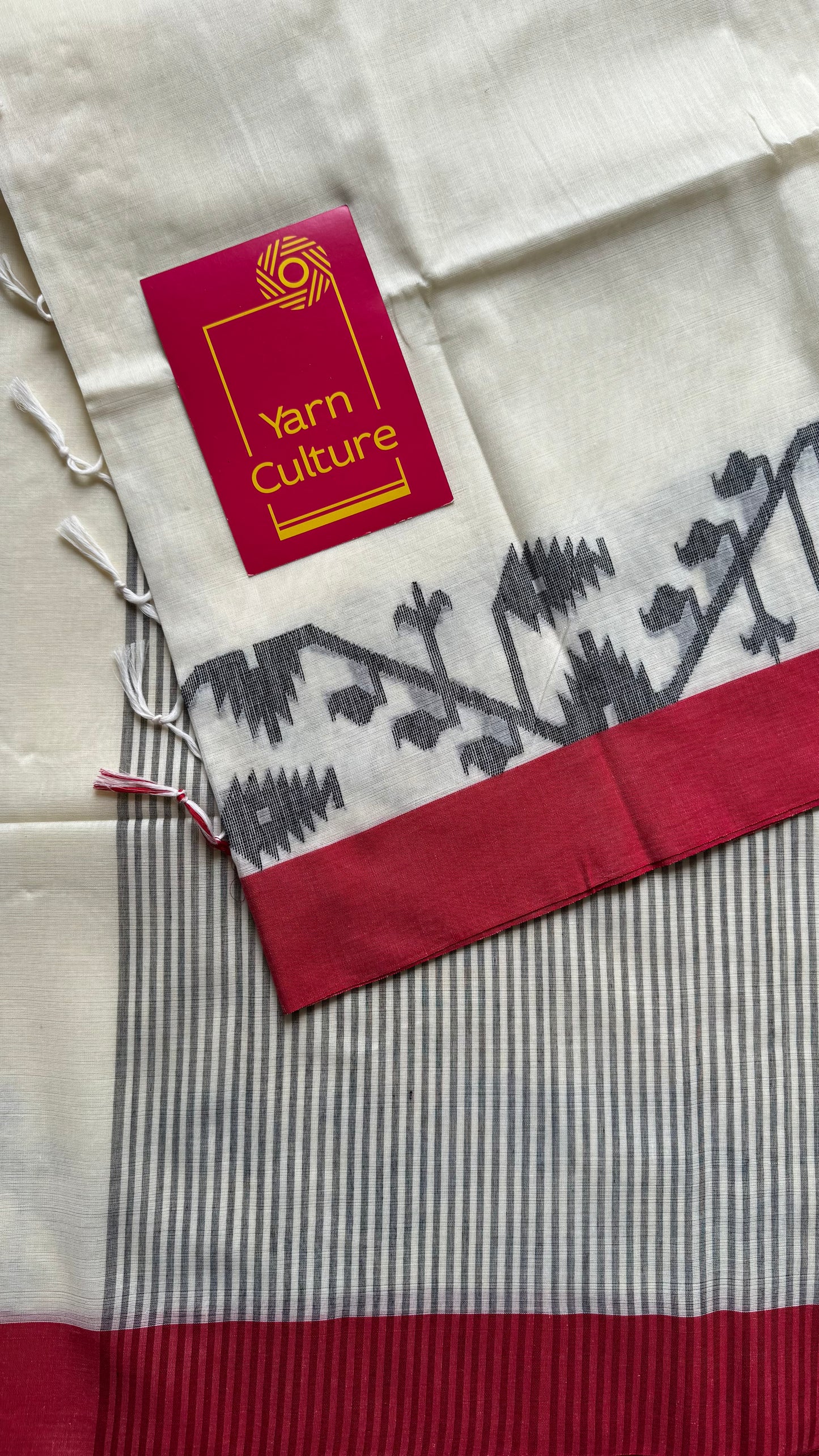 Ivory handwoven jamdani with black and red border - YCON25BCJM20