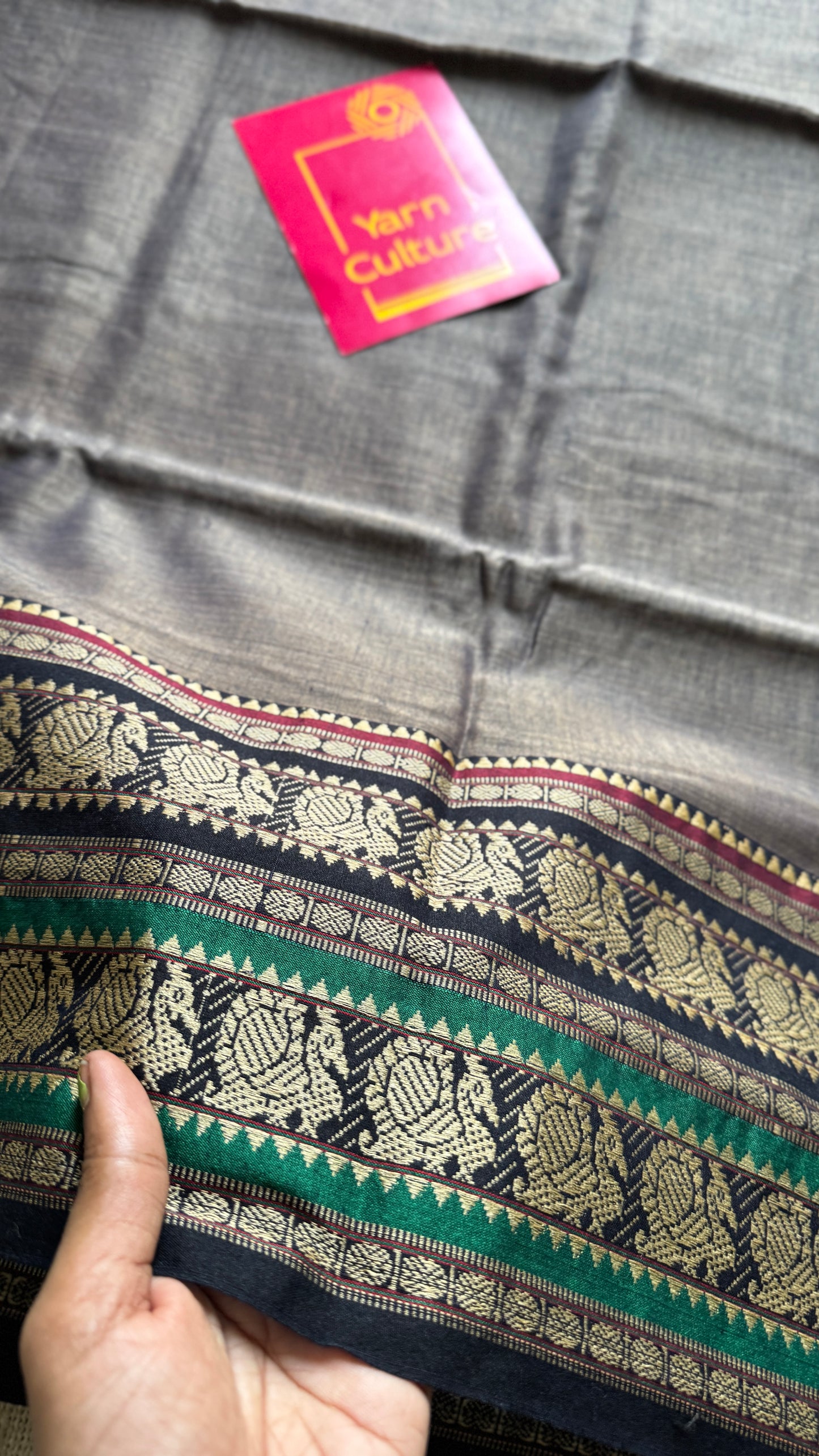 Grey with black motif border premium narayanpet cotton