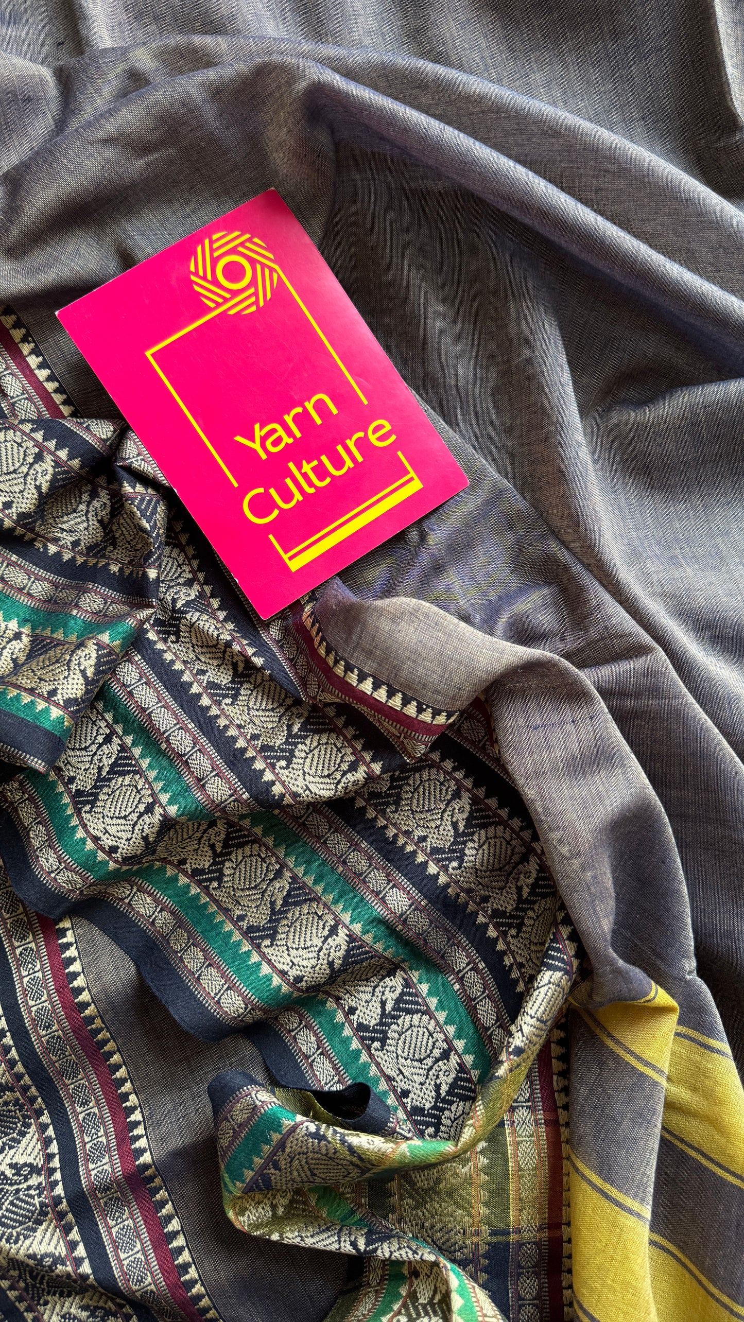 Grey with black motif border premium narayanpet cotton