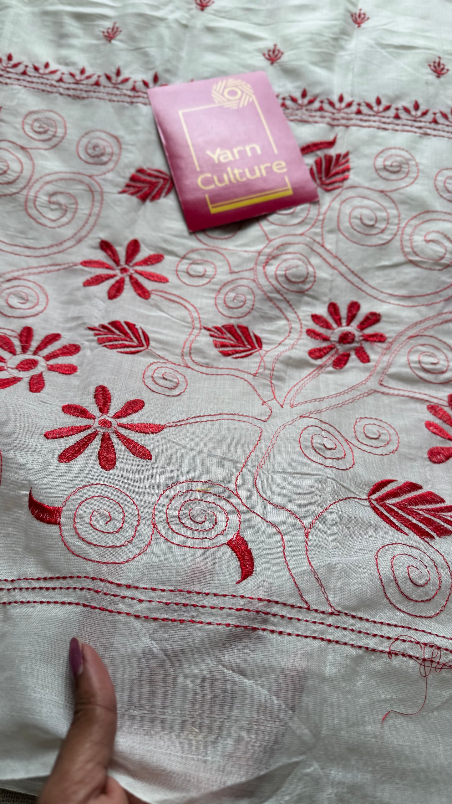 Ivory soft cotton with red kantha threadwork - YCON25BCKW23