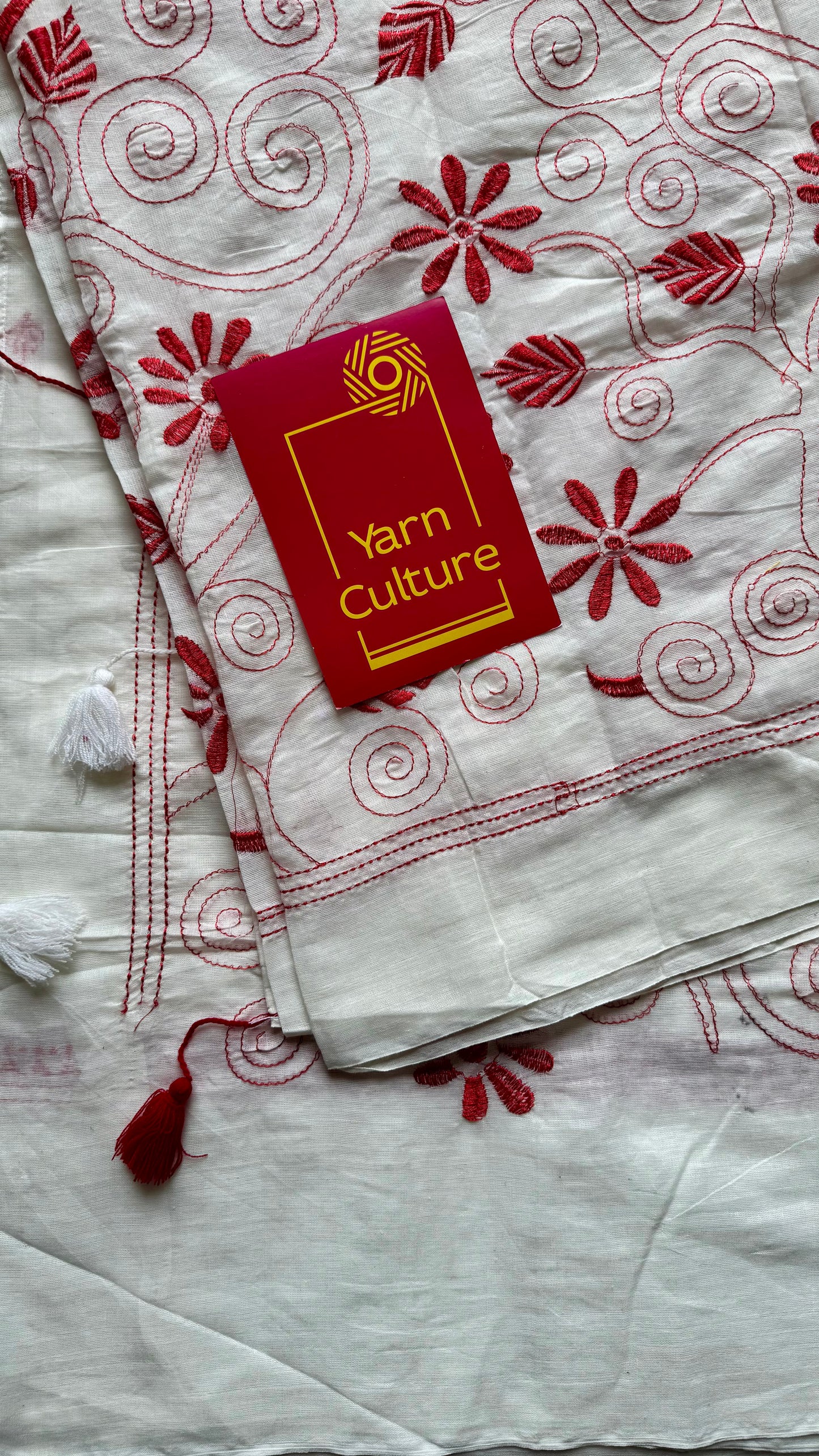 Ivory soft cotton with red kantha threadwork - YCON25BCKW23