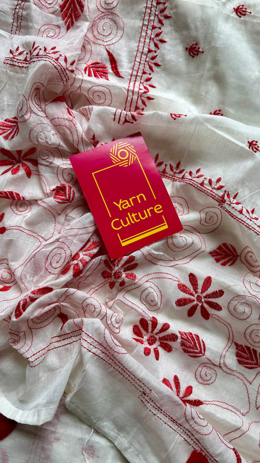 Ivory soft cotton with red kantha threadwork - YCON25BCKW23