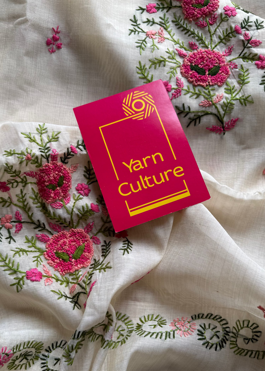 Ivory cotton silk with floral kantha threadwork - YCON25BCKW32