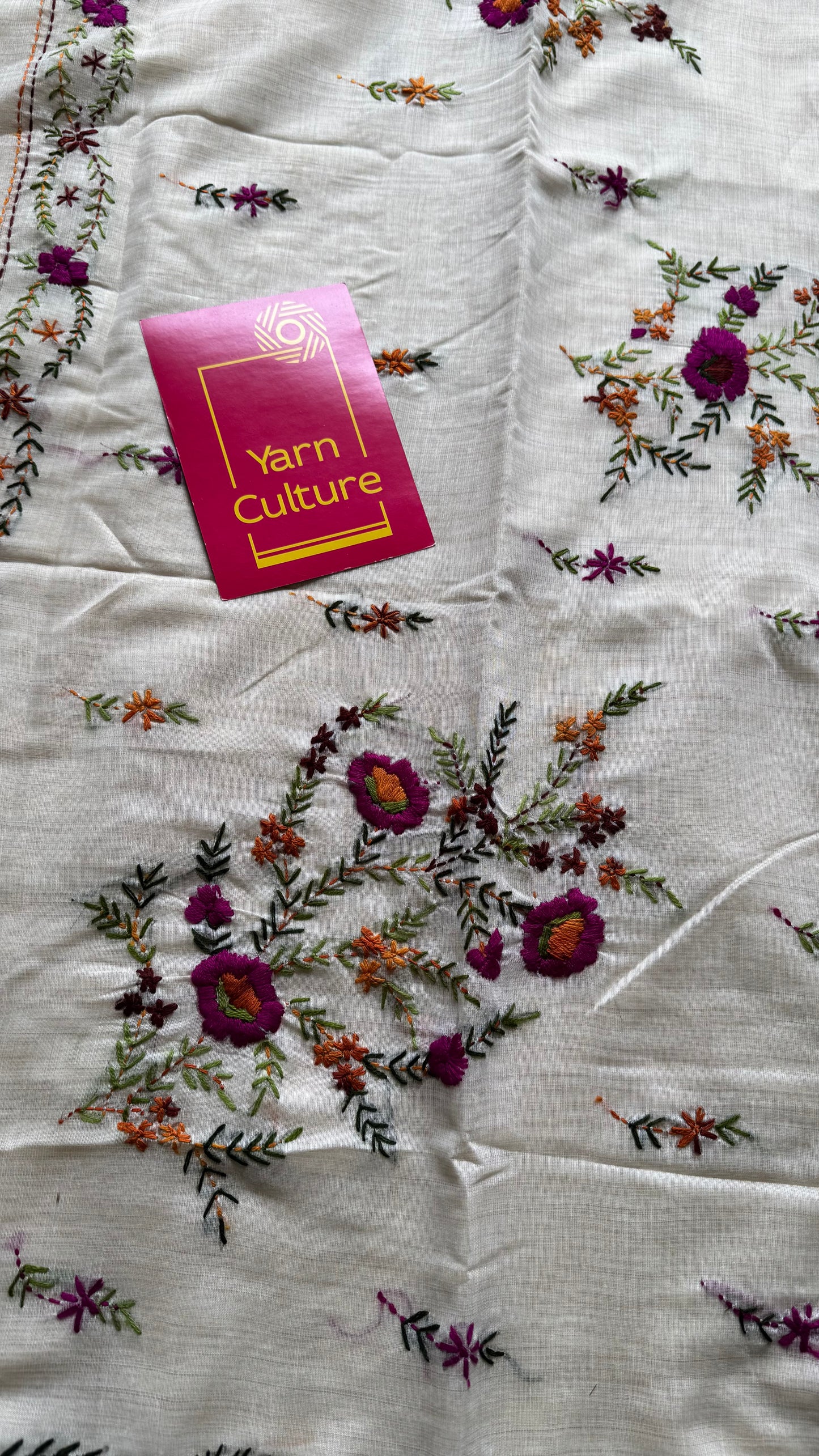 Ivory cotton silk with purple floral kantha threadwork - YCON25BCKW33