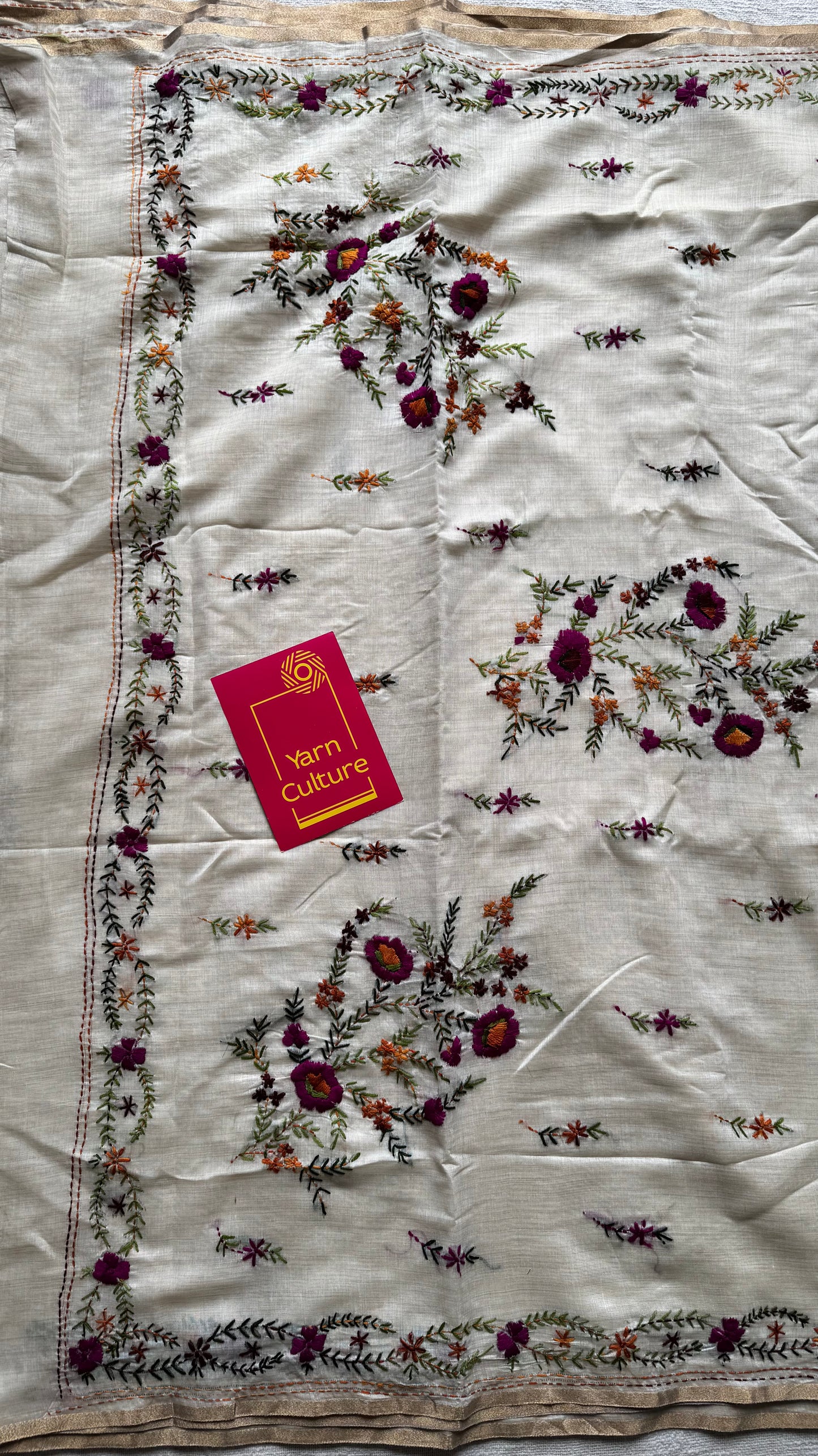 Ivory cotton silk with purple floral kantha threadwork - YCON25BCKW33