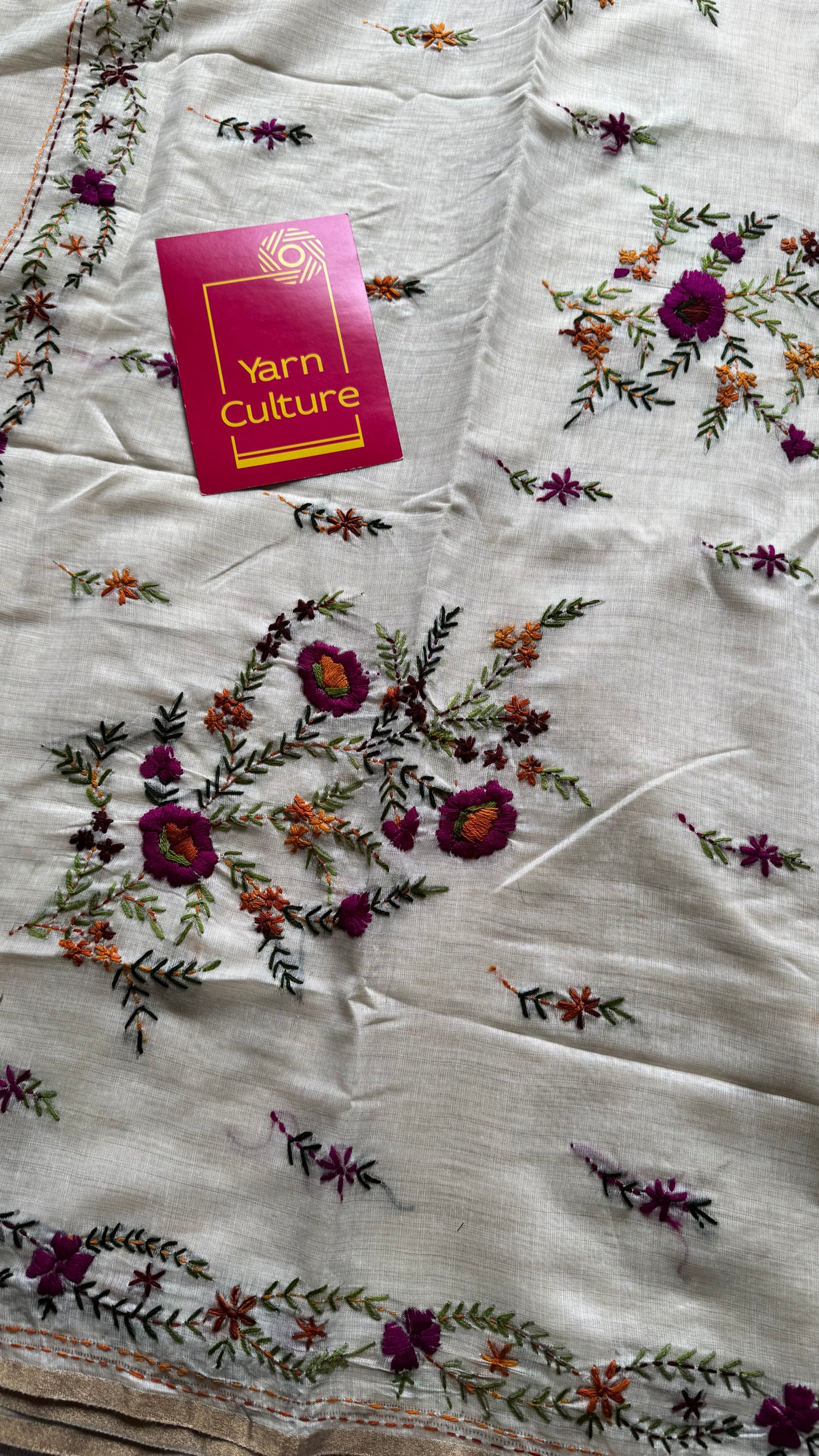 Ivory cotton silk with purple floral kantha threadwork - YCON25BCKW33