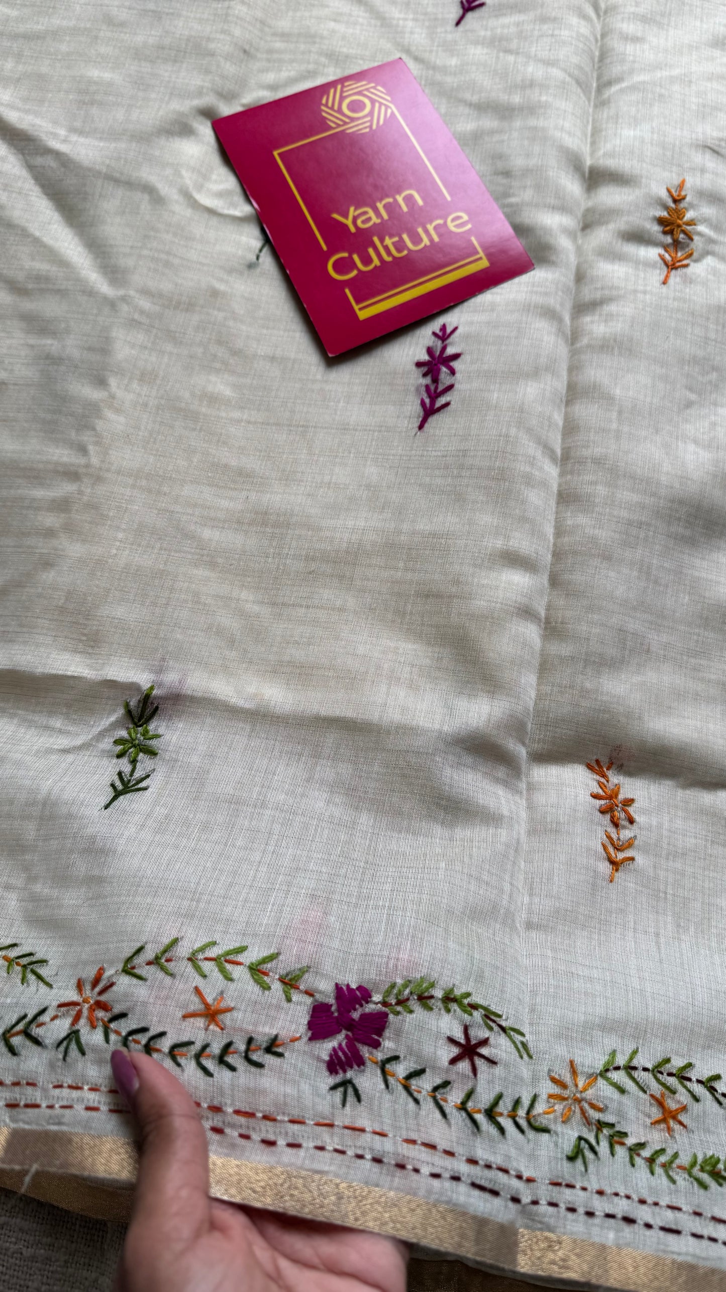 Ivory cotton silk with purple floral kantha threadwork - YCON25BCKW33