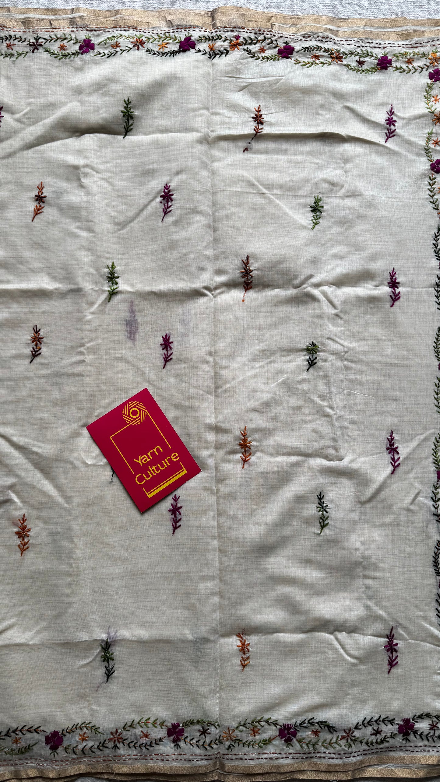 Ivory cotton silk with purple floral kantha threadwork - YCON25BCKW33