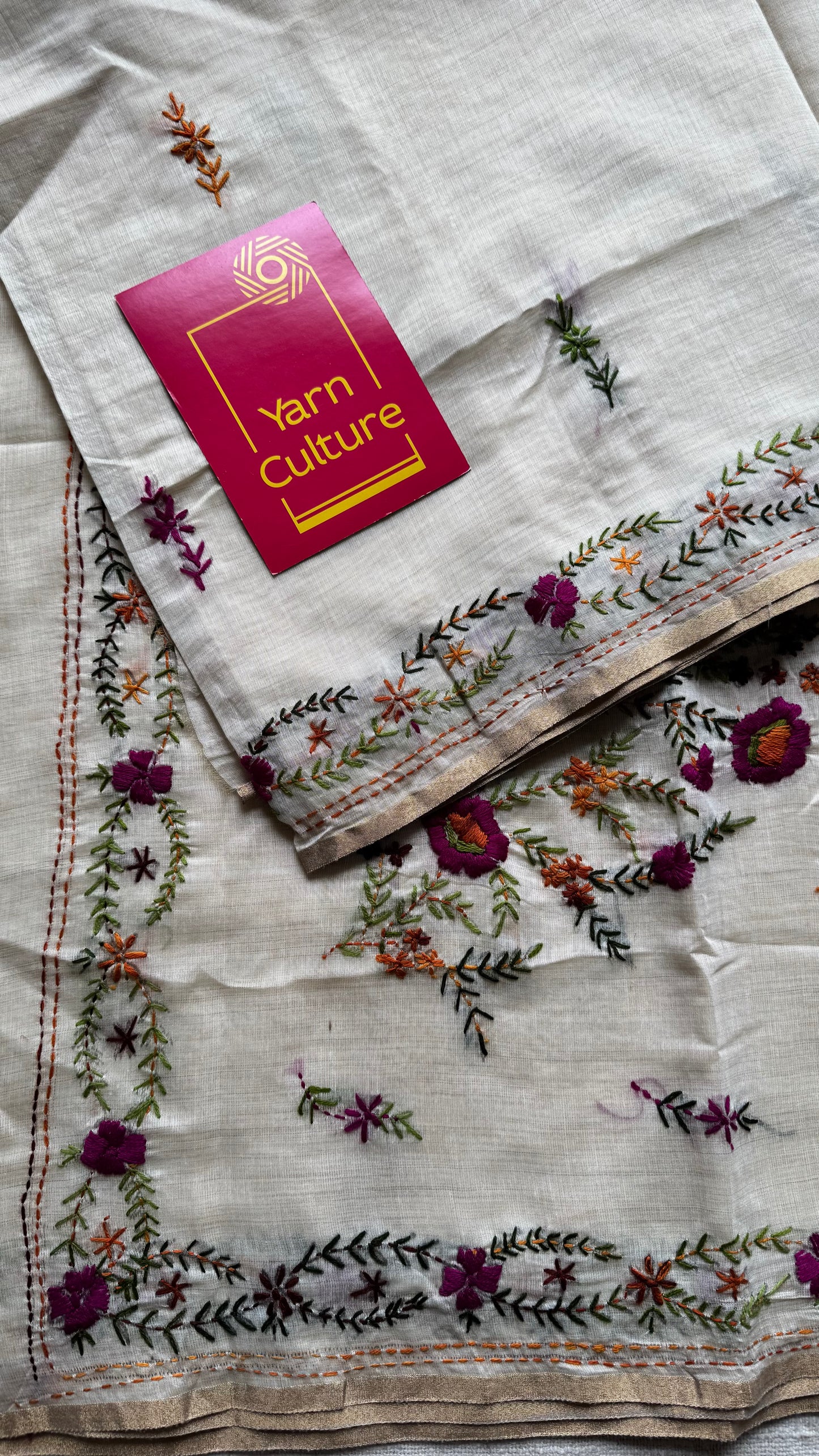 Ivory cotton silk with purple floral kantha threadwork - YCON25BCKW33