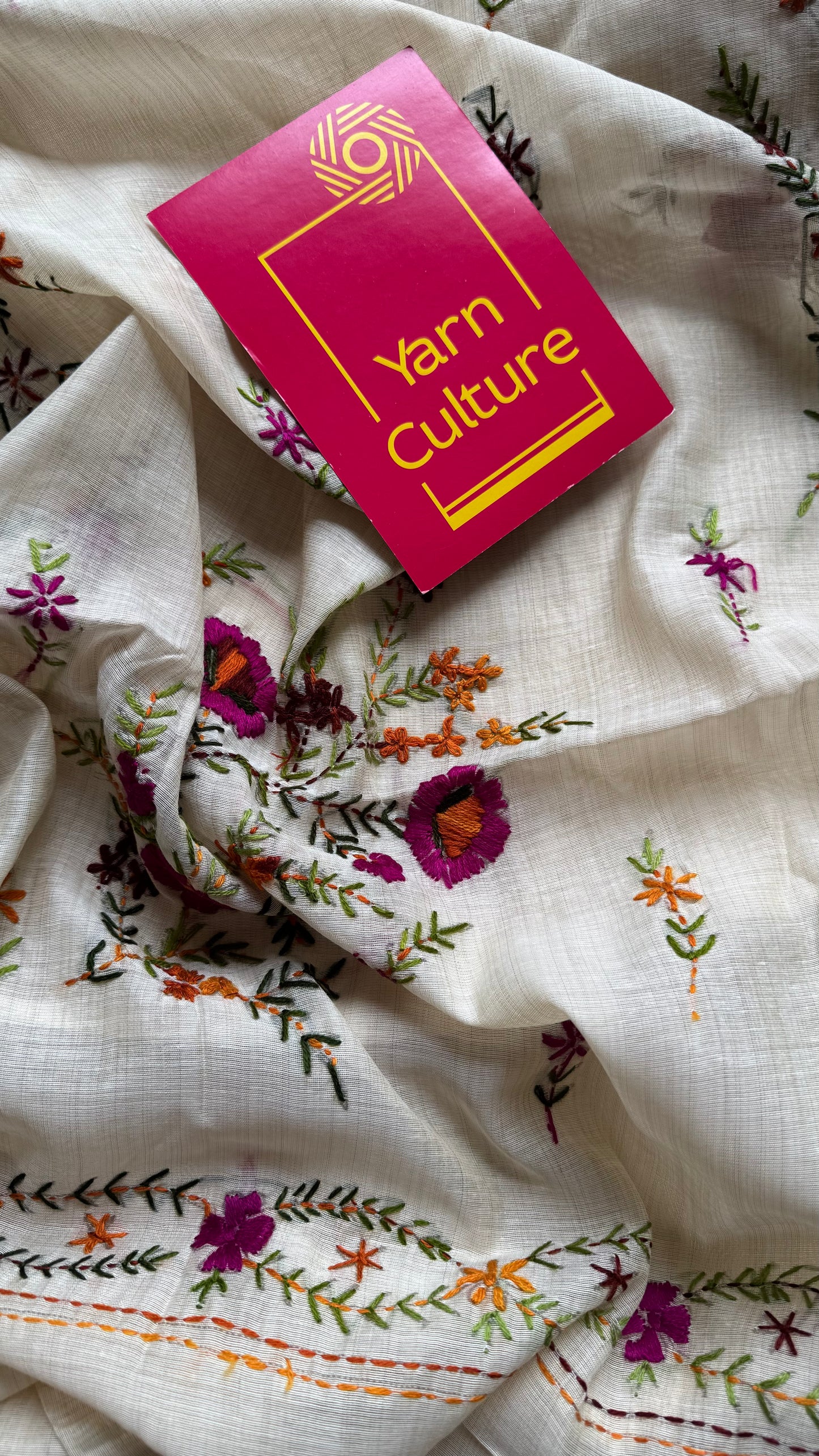 Ivory cotton silk with purple floral kantha threadwork - YCON25BCKW33