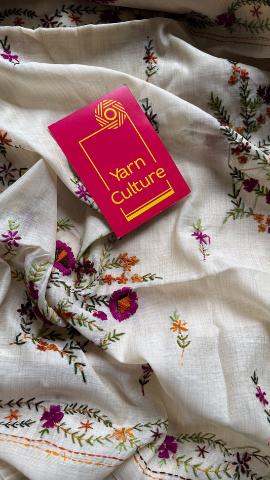 Ivory cotton silk with purple floral kantha threadwork - YCON25BCKW33