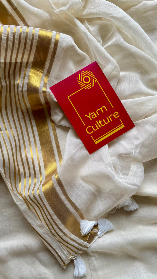 Ivory with gold striped border, mul cotton - YCON25BCM34