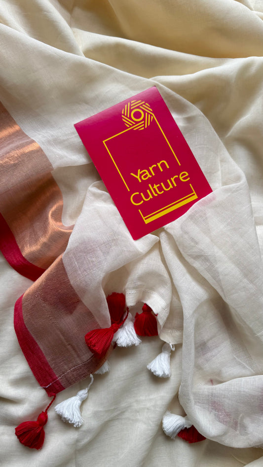 Ivory with dark red highlighted antique gold zari border, mul cotton - YCON25BCM27