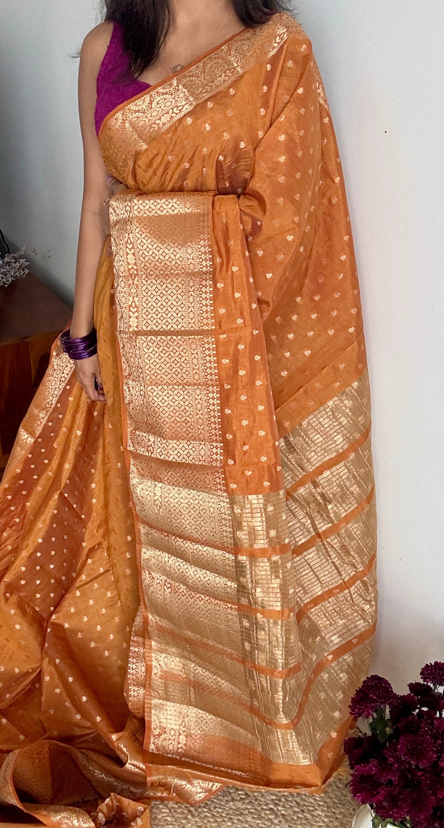 Rust orange with antique gold zari - Semi Raw Silk - YCRT01