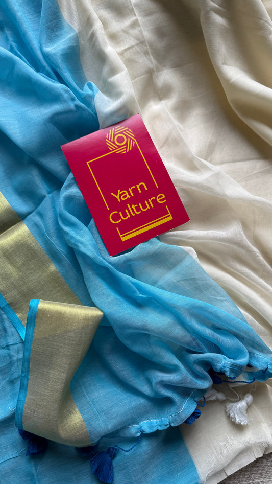 Ivory with dyed blue and antique gold zari border, mul cotton - YCON25BCM24