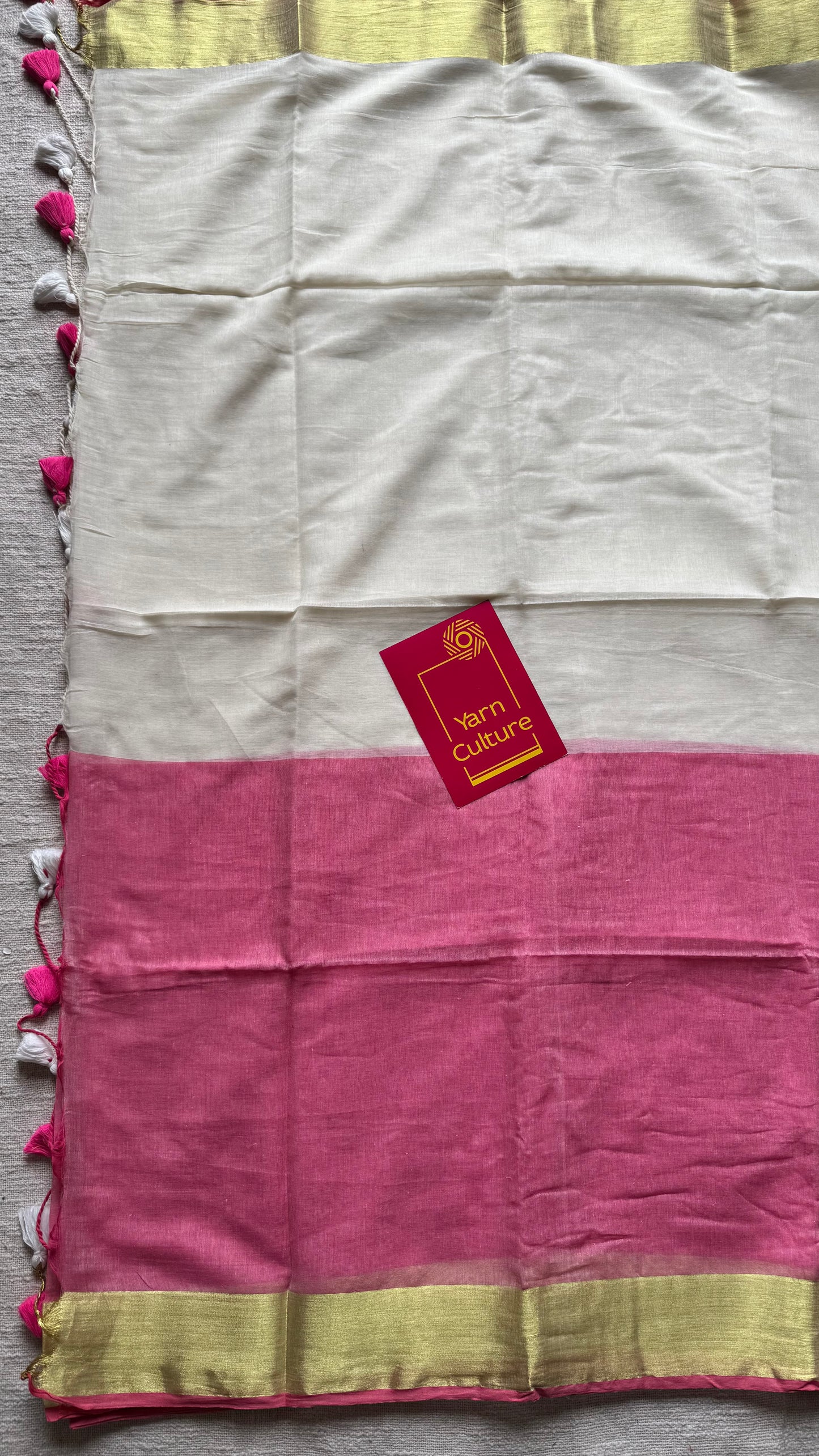Ivory with dyed pink and bright gold border, mul cotton - YCON25BCM41