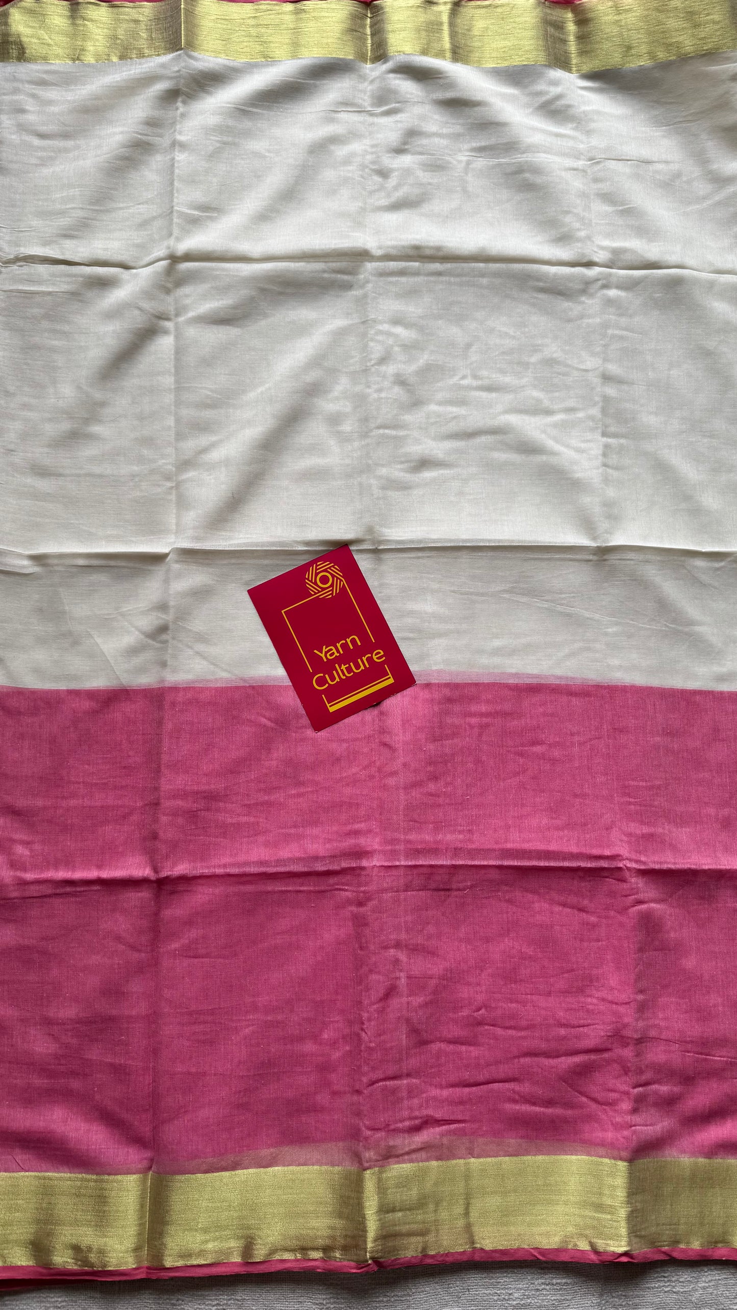 Ivory with dyed pink and bright gold border, mul cotton - YCON25BCM41