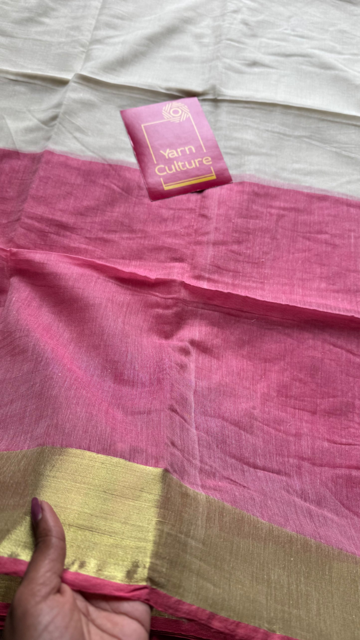 Ivory with dyed pink and bright gold border, mul cotton - YCON25BCM41