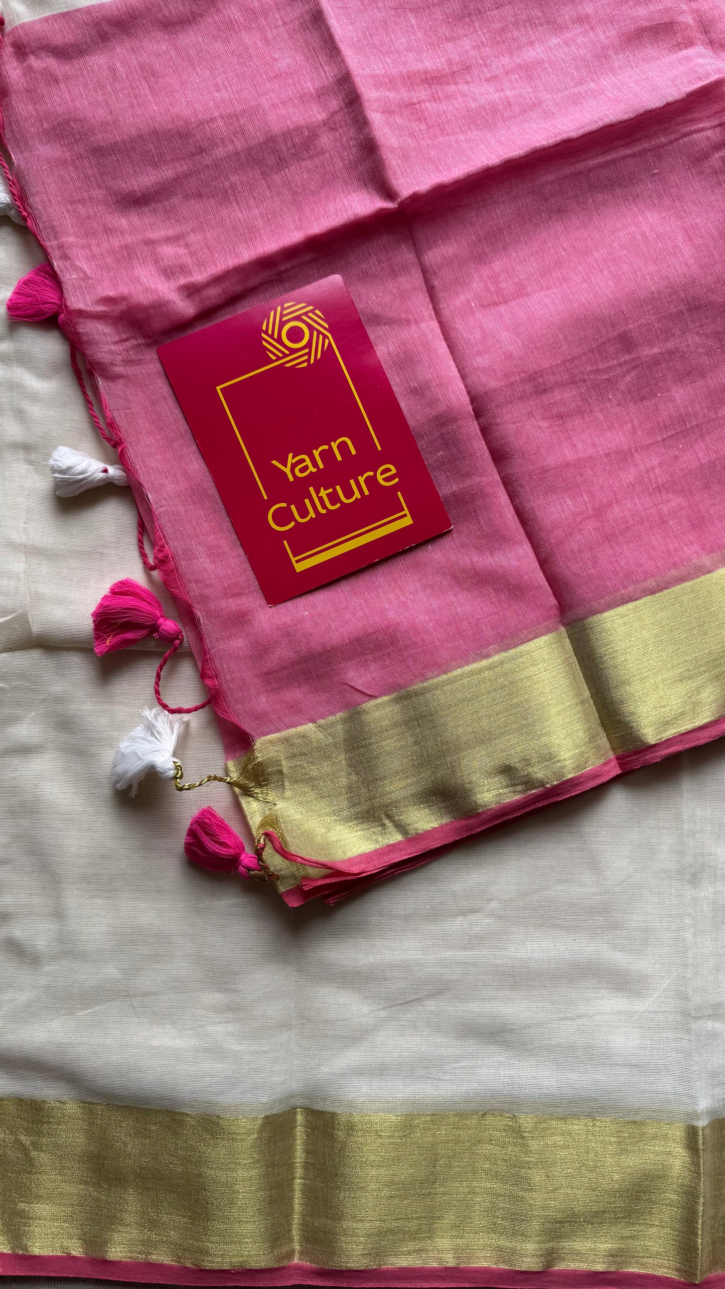 Ivory with dyed pink and bright gold border, mul cotton - YCON25BCM41