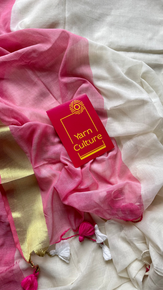 Ivory with dyed pink and bright gold border, mul cotton - YCON25BCM41