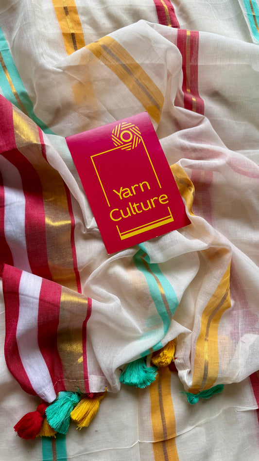 Ivory with blue, red and gold striped body & border, mul cotton - YCON25BCM38