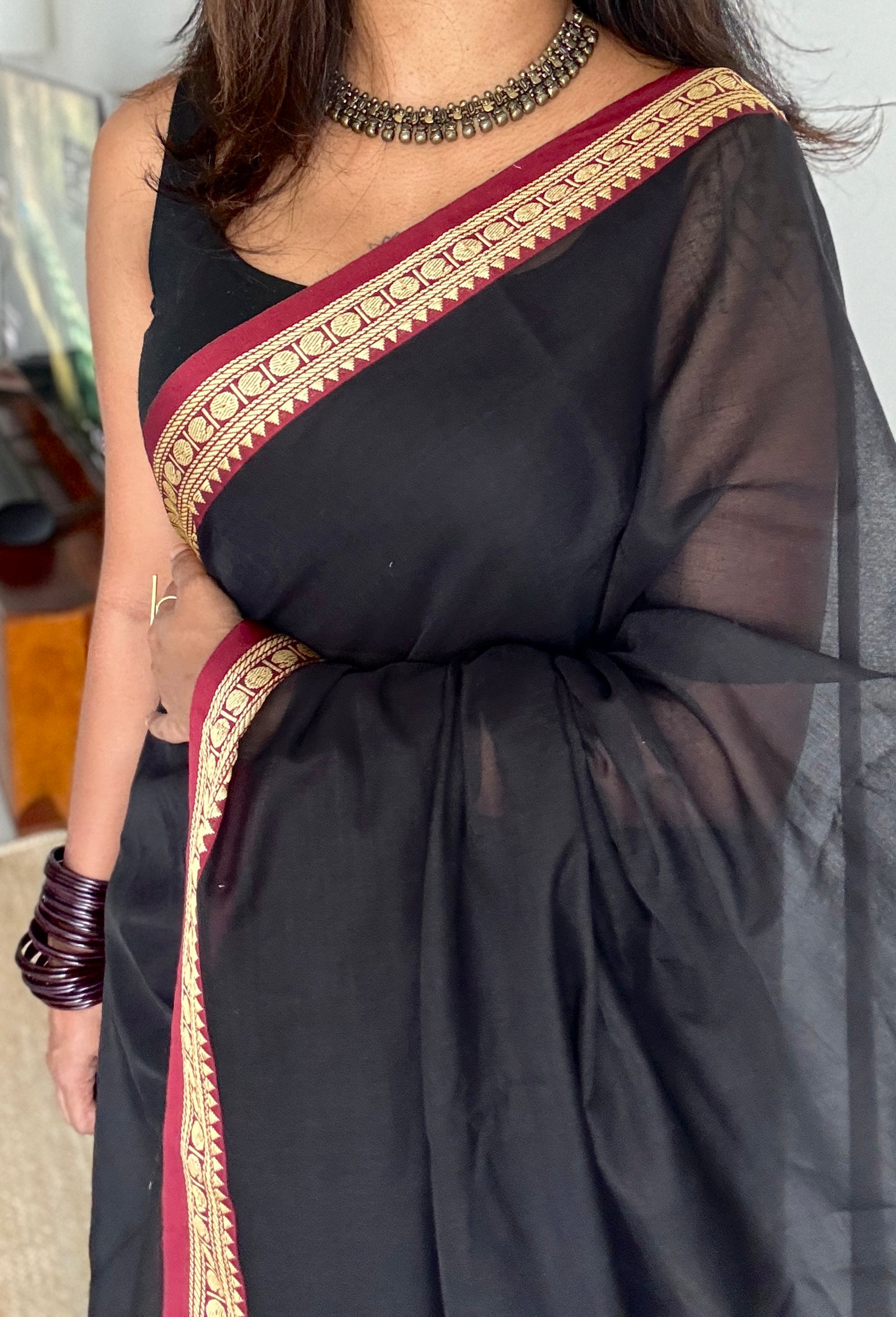 Black premium narayanpet with maroon motif border