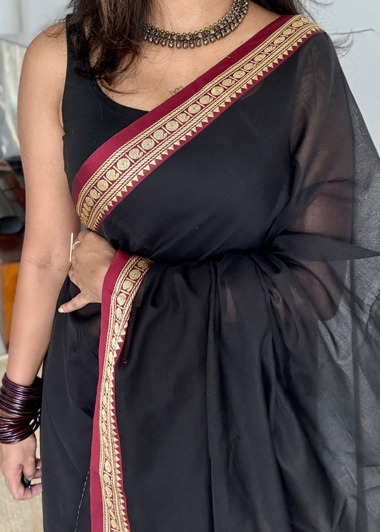 Black premium narayanpet with maroon motif border