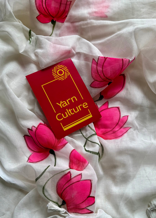 White with bright pink lotus vines, mul cotton - YCON25BCM36