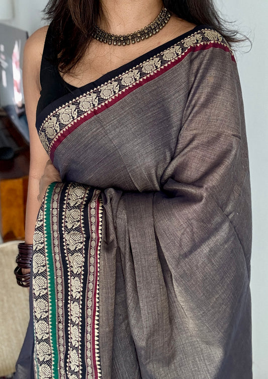 Grey with black motif border premium narayanpet cotton