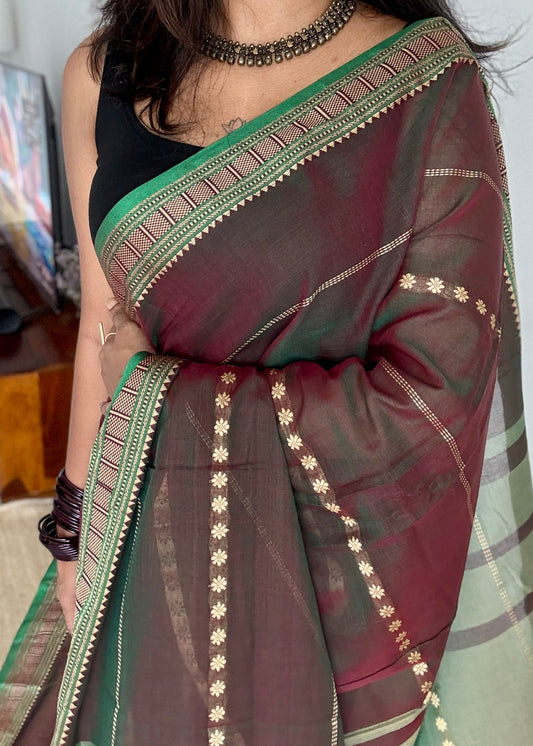 Coffee Brown with Green premium narayanpet with cream motif pattern YCWOTDNP04